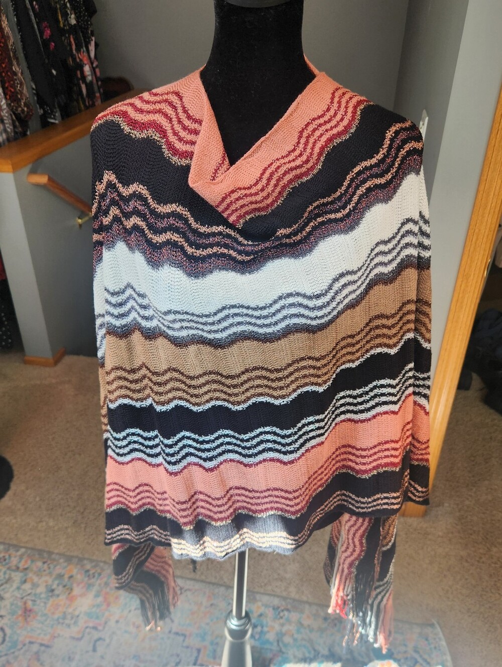 Missoni Striped Wave Knit Poncho Sweater Shawl Coral, Black, White Nwt New W Tag